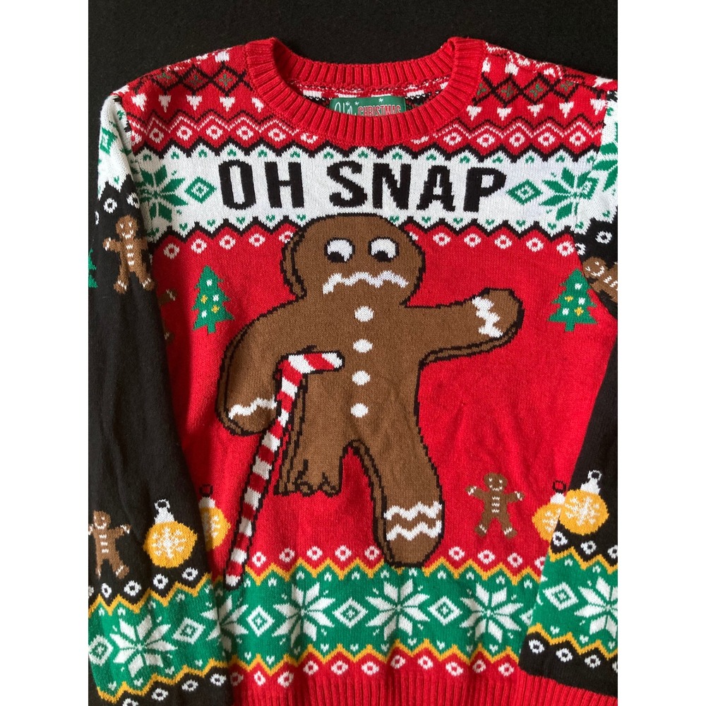Ugly Christmas Sweater Oh Snap Gingerbread Man Red Green‎ Knit Pullover Small
